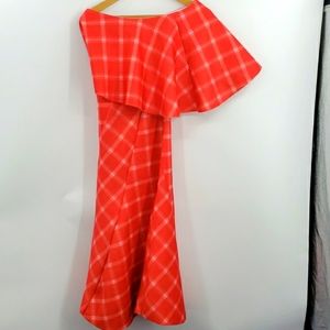 Asos gingham style one off shoulder with shawl in the front maxi dress